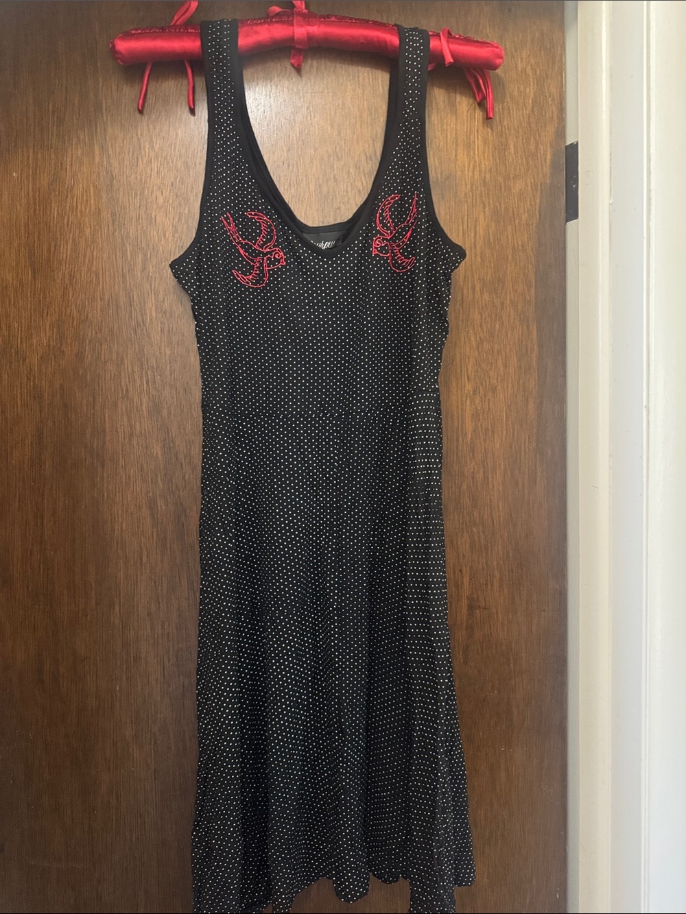 Sourpuss Black Midi Dress with Red Embroidered Sparrows